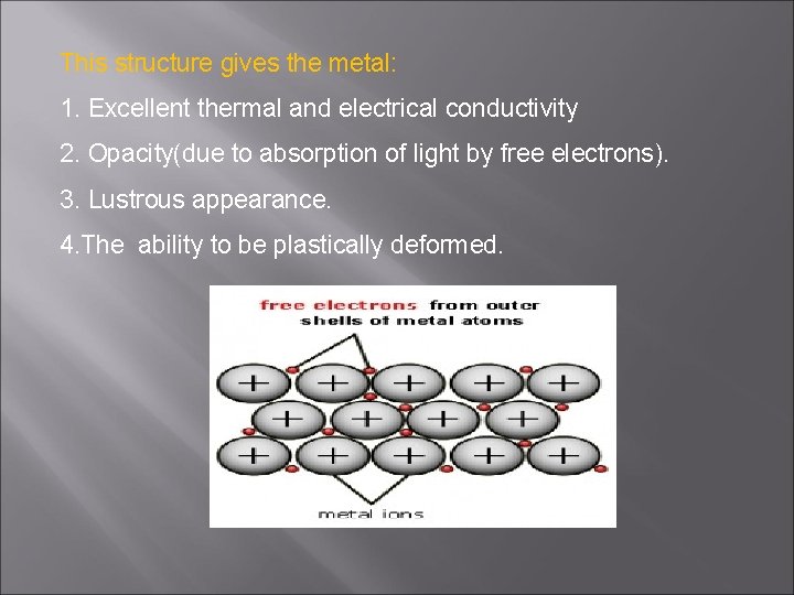 This structure gives the metal: 1. Excellent thermal and electrical conductivity 2. Opacity(due to
