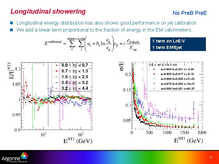 Longitudinal showering No Pre. B Pre. E n Longitudinal energy distribution has also shown