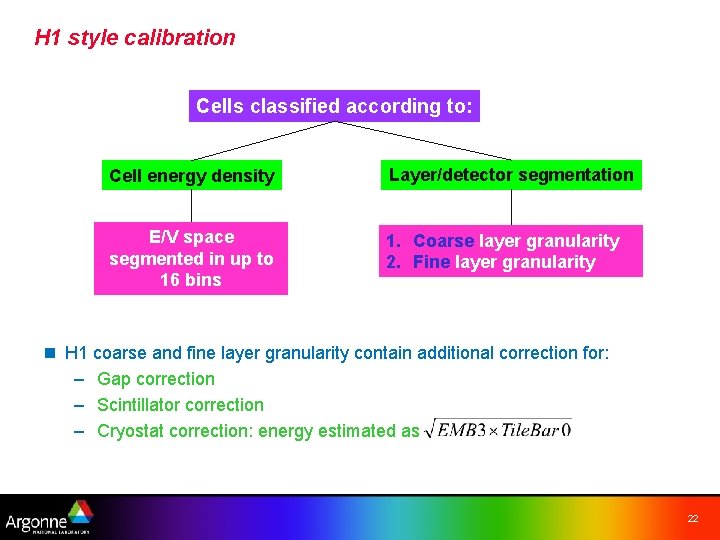 H 1 style calibration Cells classified according to: Cell energy density Layer/detector segmentation E/V