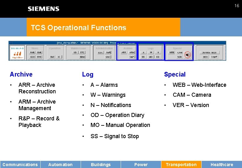 16 TCS Operational Functions Archive Log Special • • A – Alarms • WEB