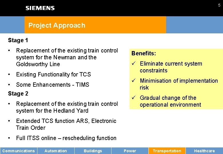 5 Project Approach Stage 1 • • Replacement of the existing train control system