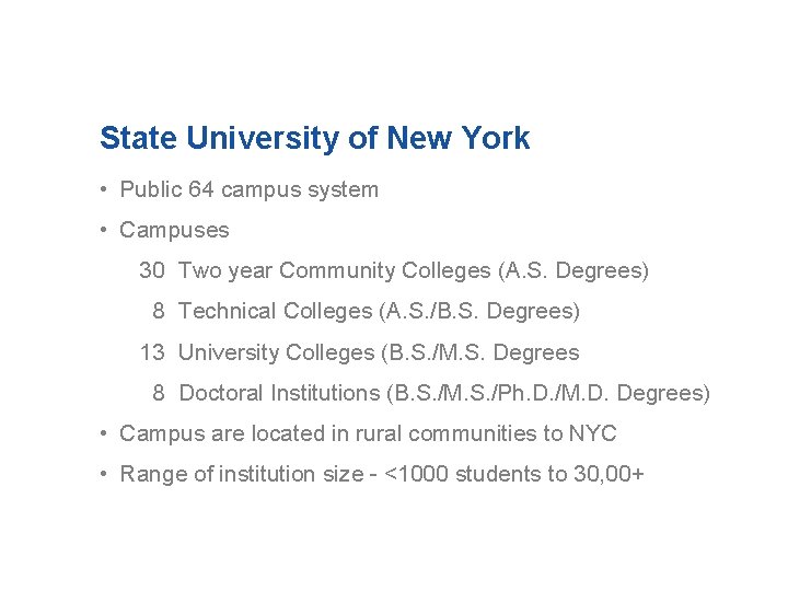 State University of New York • Public 64 campus system • Campuses 30 Two