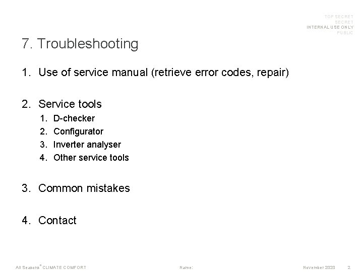 TOP SECRET INTERNAL USE ONLY PUBLIC 7. Troubleshooting 1. Use of service manual (retrieve