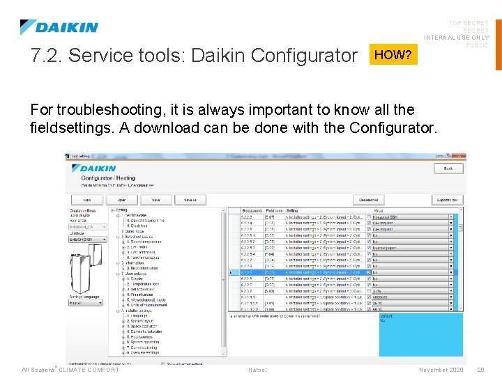 7. 2. Service tools: Daikin Configurator HOW? TOP SECRET INTERNAL USE ONLY PUBLIC For
