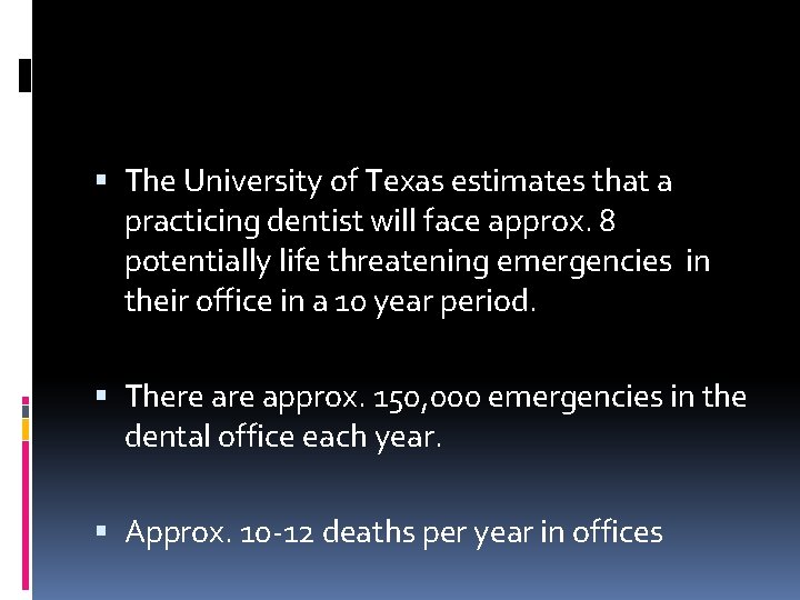  The University of Texas estimates that a practicing dentist will face approx. 8