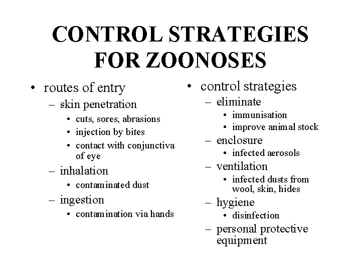 CONTROL STRATEGIES FOR ZOONOSES • routes of entry – skin penetration • cuts, sores,
