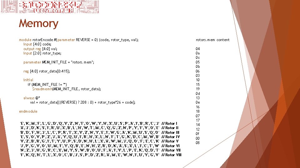 Memory rotors. mem content module rotor. Encode #(parameter REVERSE = 0) (code, rotor_type, val);