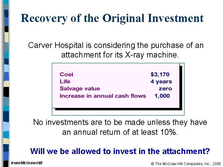 Recovery of the Original Investment Carver Hospital is considering the purchase of an attachment