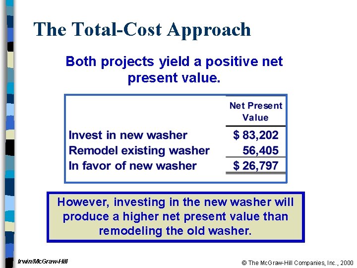 The Total-Cost Approach Both projects yield a positive net present value. However, investing in