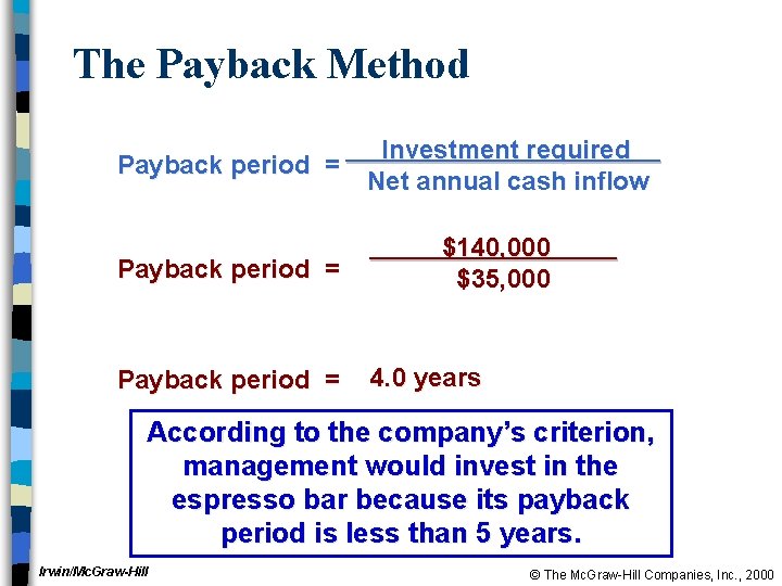 The Payback Method Payback period = Investment required Net annual cash inflow $140, 000