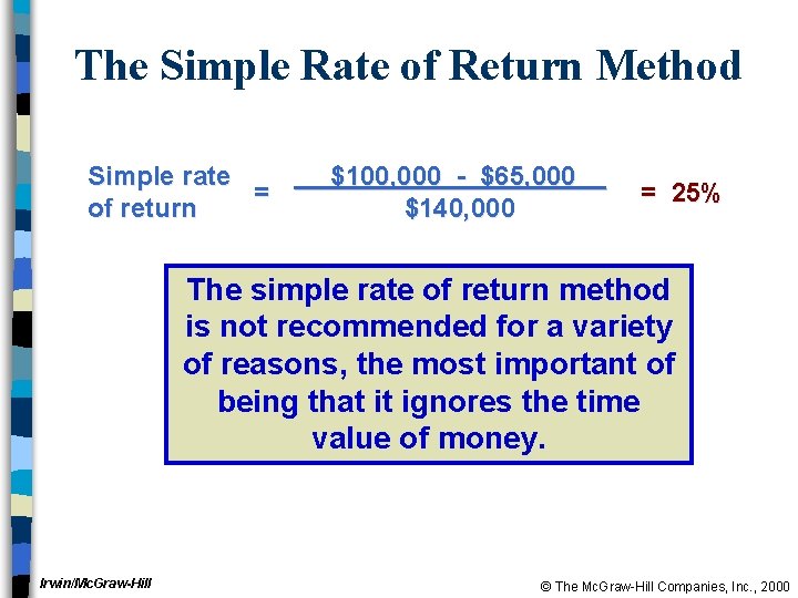 The Simple Rate of Return Method Simple rate = of return $100, 000 -