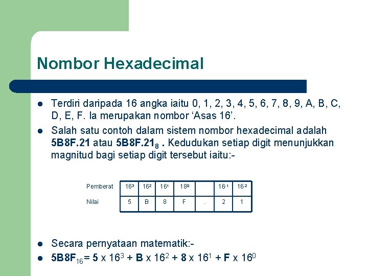 Nombor Hexadecimal l l Terdiri daripada 16 angka iaitu 0, 1, 2, 3, 4,