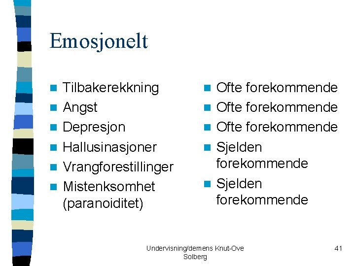 Emosjonelt n n n Tilbakerekkning Angst Depresjon Hallusinasjoner Vrangforestillinger Mistenksomhet (paranoiditet) n n n