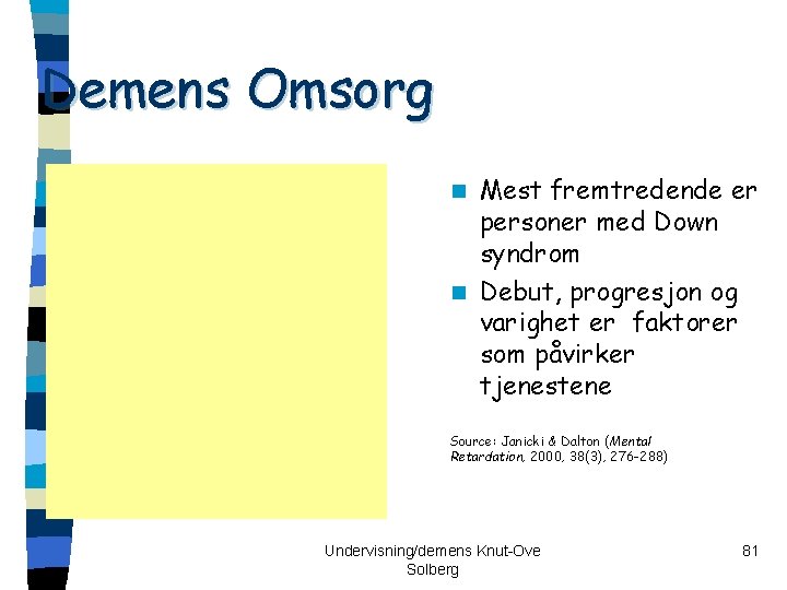 Demens Omsorg Mest fremtredende er personer med Down syndrom n Debut, progresjon og varighet