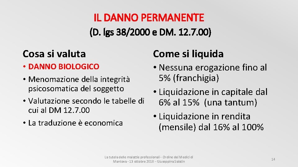 IL DANNO PERMANENTE (D. lgs 38/2000 e DM. 12. 7. 00) Cosa si valuta