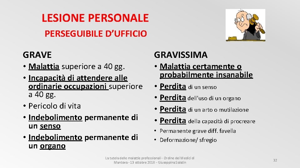 LESIONE PERSONALE PERSEGUIBILE D’UFFICIO GRAVE GRAVISSIMA • Malattia superiore a 40 gg. • Incapacità