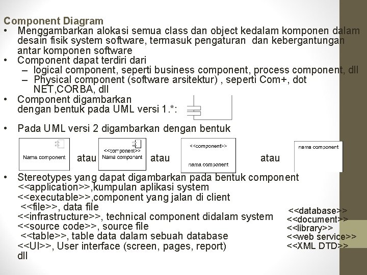 Component Diagram • Menggambarkan alokasi semua class dan object kedalam komponen dalam desain fisik Component Diagram • Menggambarkan alokasi semua class dan object kedalam komponen dalam desain fisik