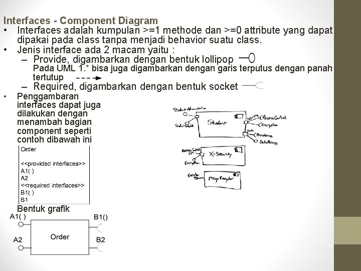 Interfaces - Component Diagram • Interfaces adalah kumpulan >=1 methode dan >=0 attribute yang Interfaces - Component Diagram • Interfaces adalah kumpulan >=1 methode dan >=0 attribute yang