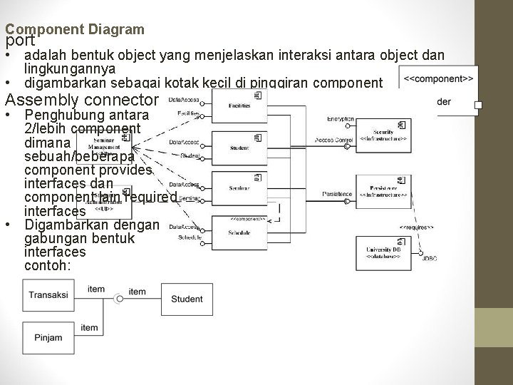 Component Diagram port • adalah bentuk object yang menjelaskan interaksi antara object dan lingkungannya Component Diagram port • adalah bentuk object yang menjelaskan interaksi antara object dan lingkungannya