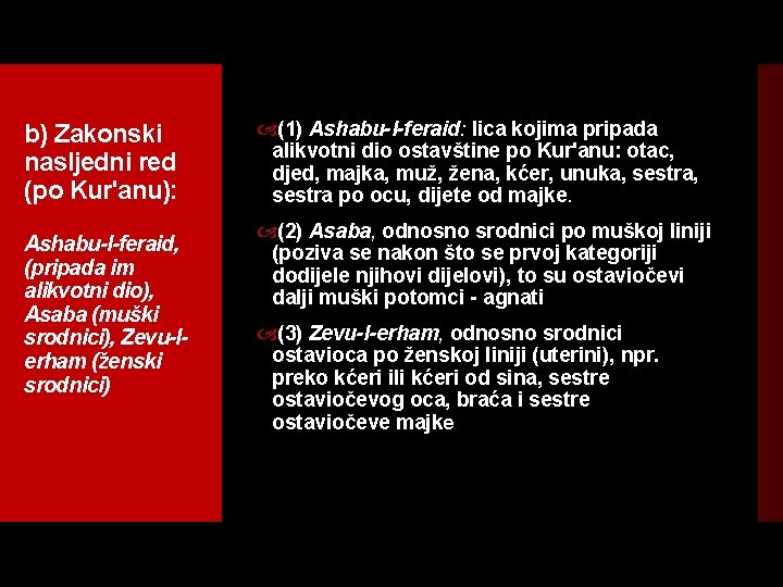 b) Zakonski nasljedni red (po Kur'anu): Ashabu l feraid, (pripada im alikvotni dio), Asaba