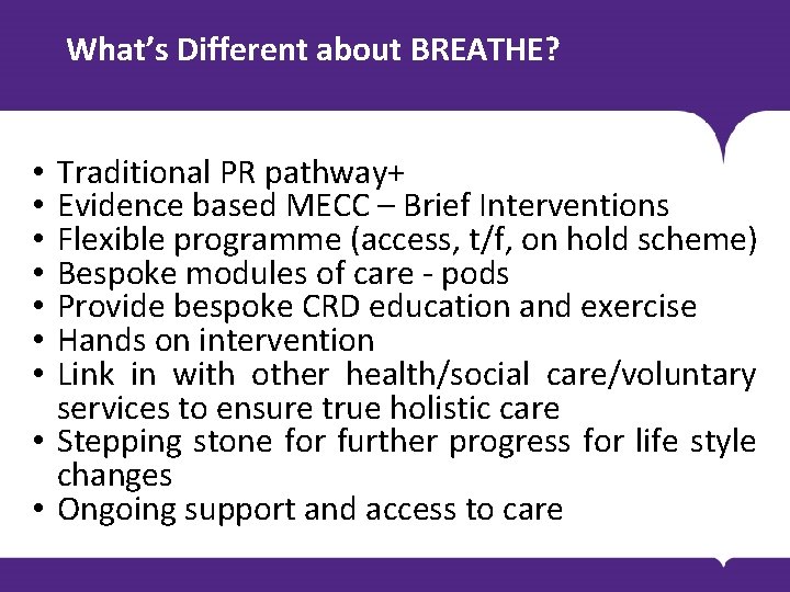 What’s Different about BREATHE? Traditional PR pathway+ Evidence based MECC – Brief Interventions Flexible What’s Different about BREATHE? Traditional PR pathway+ Evidence based MECC – Brief Interventions Flexible