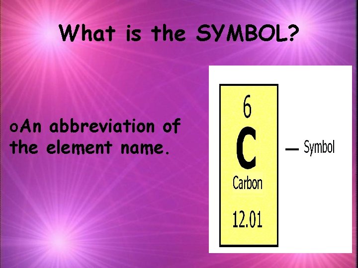 What is the SYMBOL? o. An abbreviation of the element name. 