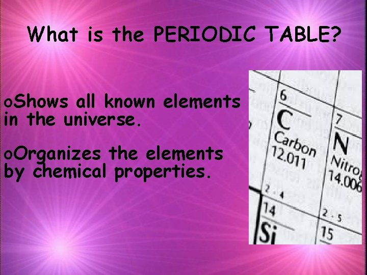 What is the PERIODIC TABLE? o. Shows all known elements in the universe. o.