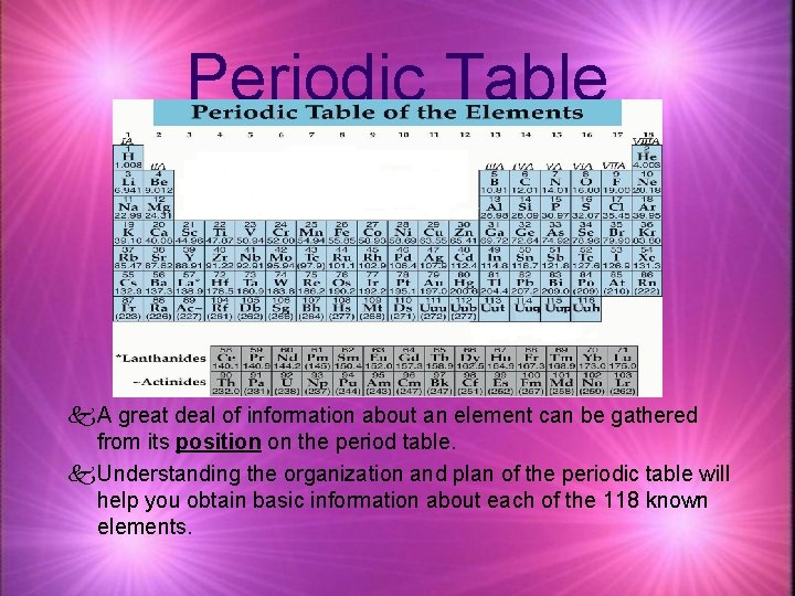 Periodic Table A great deal of information about an element can be gathered from