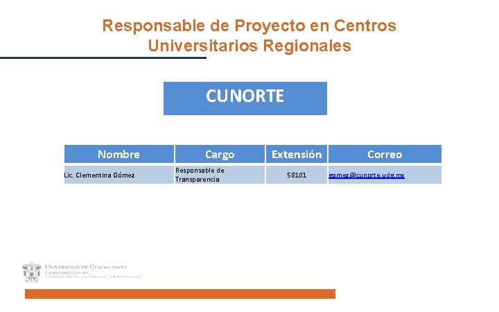 Responsable de Proyecto en Centros Universitarios Regionales CUNORTE Nombre Lic. Clementina Gómez Cargo Responsable