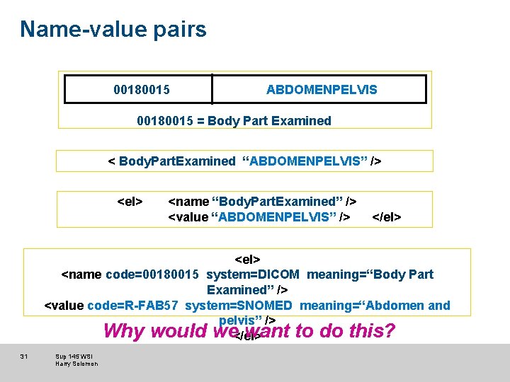 Name-value pairs 00180015 ABDOMENPELVIS 00180015 = Body Part Examined < Body. Part. Examined “ABDOMENPELVIS”