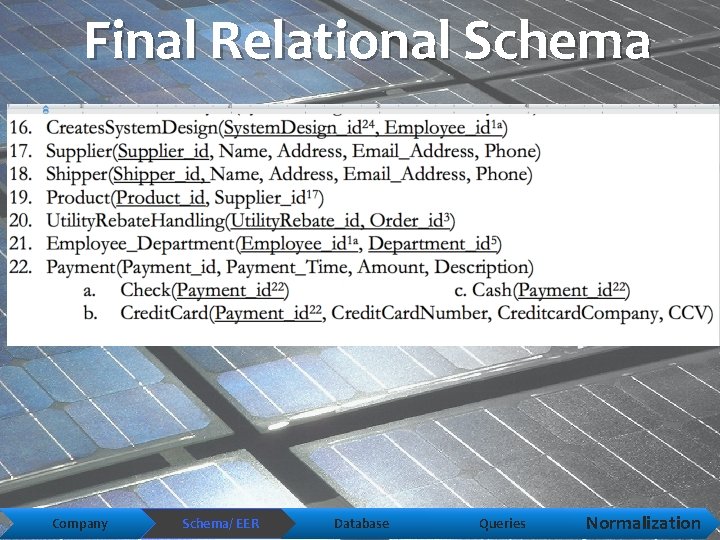 Final Relational Schema Company Schema/ EER Database Queries Normalization 