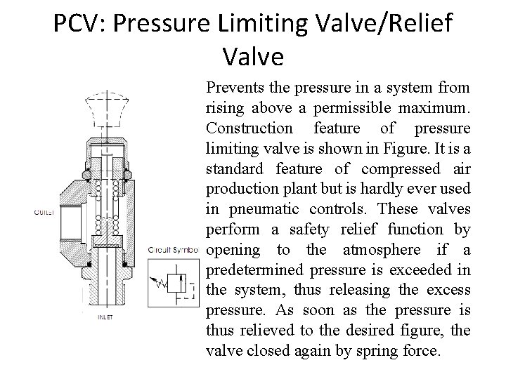 PCV: Pressure Limiting Valve/Relief Valve Prevents the pressure in a system from rising above