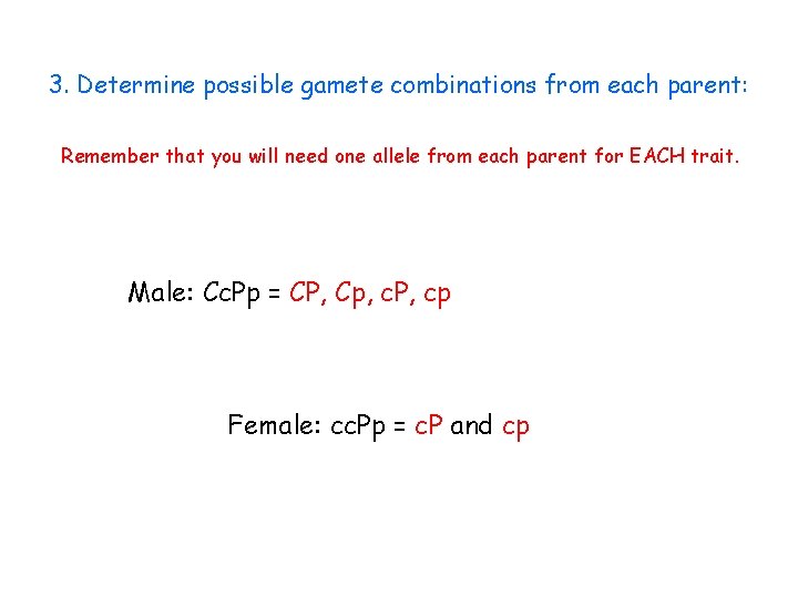 3. Determine possible gamete combinations from each parent: Remember that you will need one