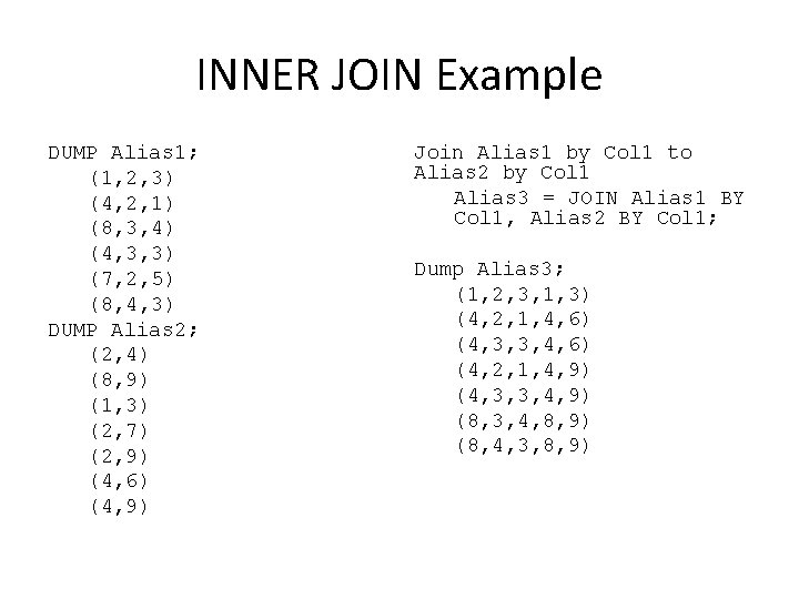 INNER JOIN Example DUMP Alias 1; (1, 2, 3) (4, 2, 1) (8, 3,
