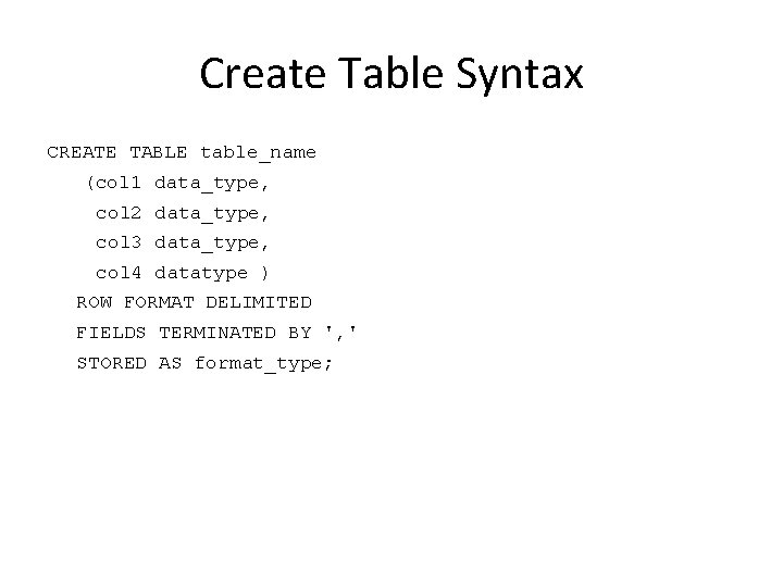 Create Table Syntax CREATE TABLE table_name (col 1 data_type, col 2 data_type, col 3