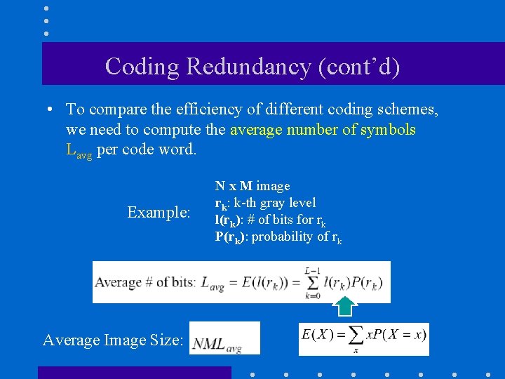 Coding Redundancy (cont’d) • To compare the efficiency of different coding schemes, we need