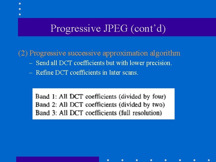 Progressive JPEG (cont’d) (2) Progressive successive approximation algorithm – Send all DCT coefficients but
