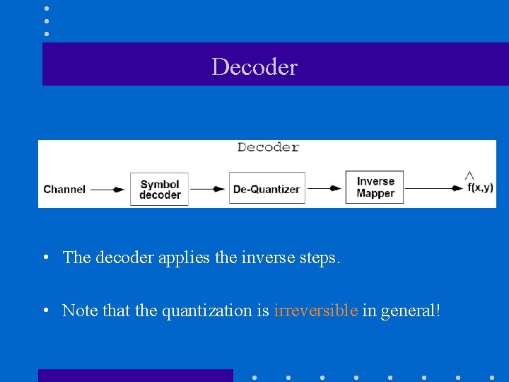 Decoder • The decoder applies the inverse steps. • Note that the quantization is