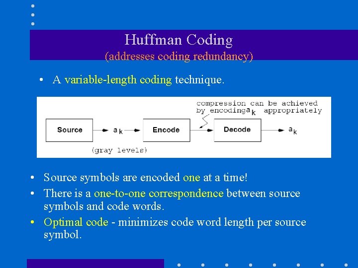 Huffman Coding (addresses coding redundancy) • A variable-length coding technique. • Source symbols are