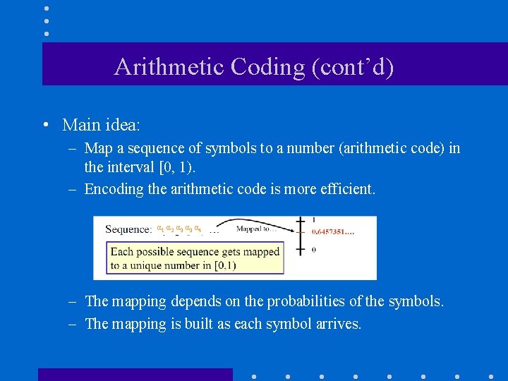 Arithmetic Coding (cont’d) • Main idea: – Map a sequence of symbols to a