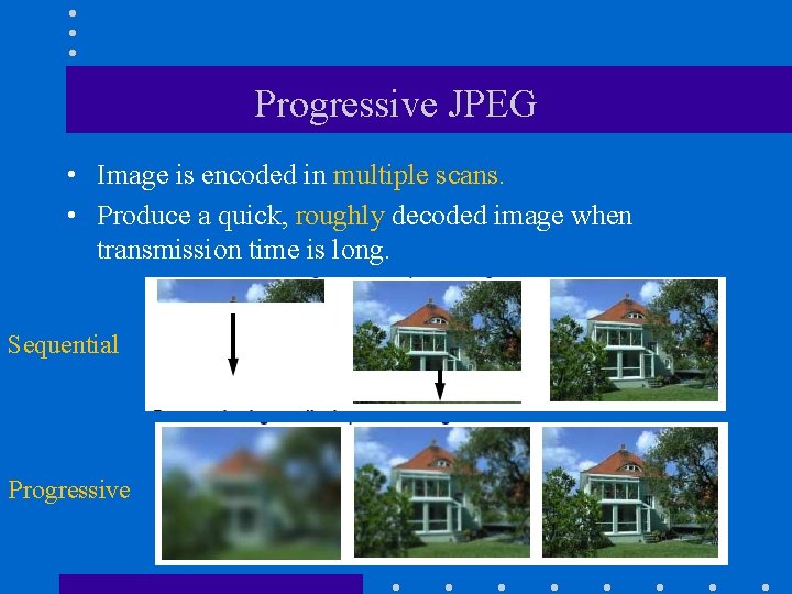 Progressive JPEG • Image is encoded in multiple scans. • Produce a quick, roughly