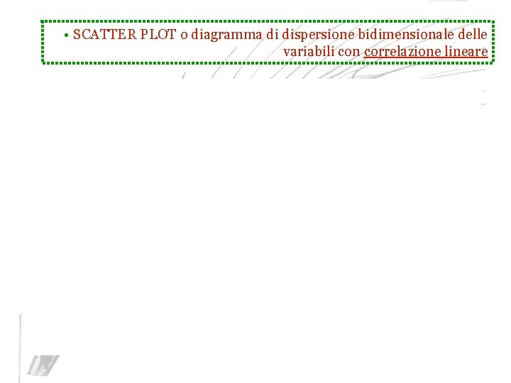  • SCATTER PLOT o diagramma di dispersione bidimensionale delle variabili con correlazione lineare