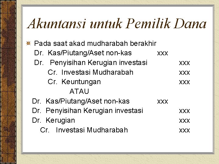 Akuntansi untuk Pemilik Dana Pada saat akad mudharabah berakhir Dr. Kas/Piutang/Aset non-kas xxx Dr.