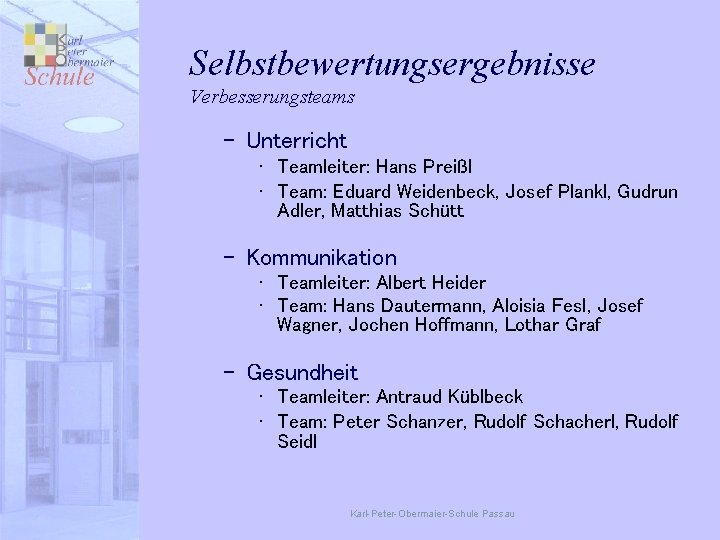 Selbstbewertungsergebnisse Verbesserungsteams – Unterricht • Teamleiter: Hans Preißl • Team: Eduard Weidenbeck, Josef Plankl,
