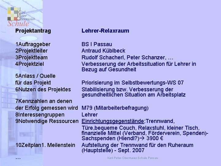 Projektantrag Lehrer-Relaxraum 1 Auftraggeber 2 Projektleiter 3 Projektteam 4 Projektziel BS I Passau Antraud
