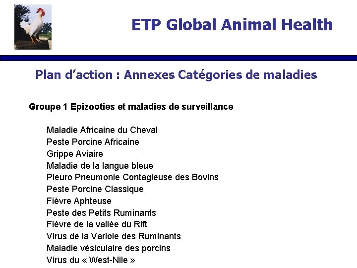 ETP Global Animal Health Plan d’action : Annexes Catégories de maladies Groupe 1 Epizooties