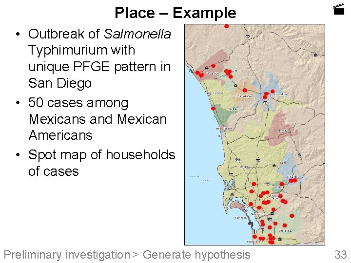 Place – Example • Outbreak of Salmonella Typhimurium with unique PFGE pattern in San