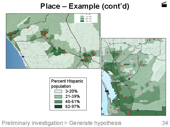 Place – Example (cont’d) Percent Hispanic population 3 -20% 21 -39% 40 -61% 62