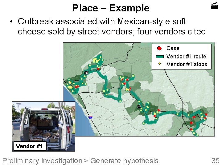  Place – Example • Outbreak associated with Mexican-style soft cheese sold by street