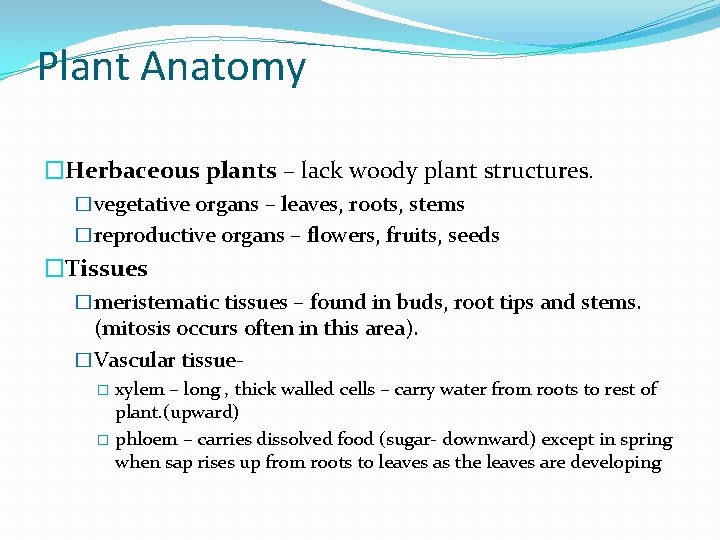 Plant Anatomy �Herbaceous plants – lack woody plant structures. �vegetative organs – leaves, roots,